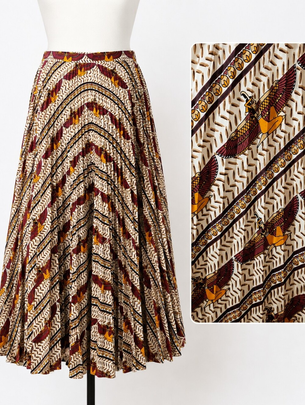 Vintage Egyptian Print Pleated Midi Skirt